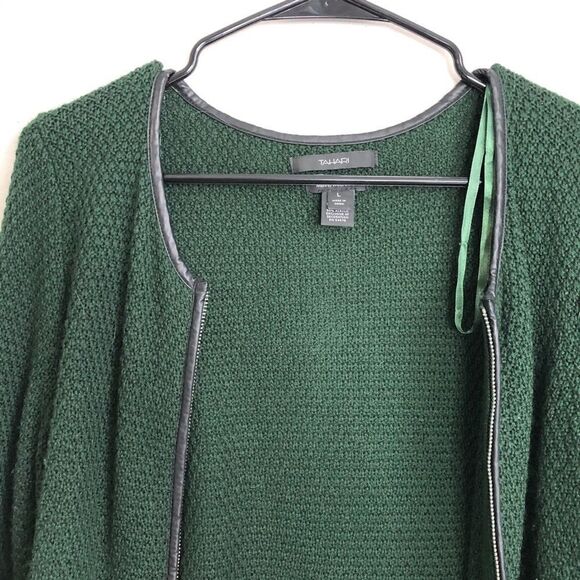Tahari Crewneck Green Knit Zip Cardigan Faux Leather trim - Picture 6 of 11